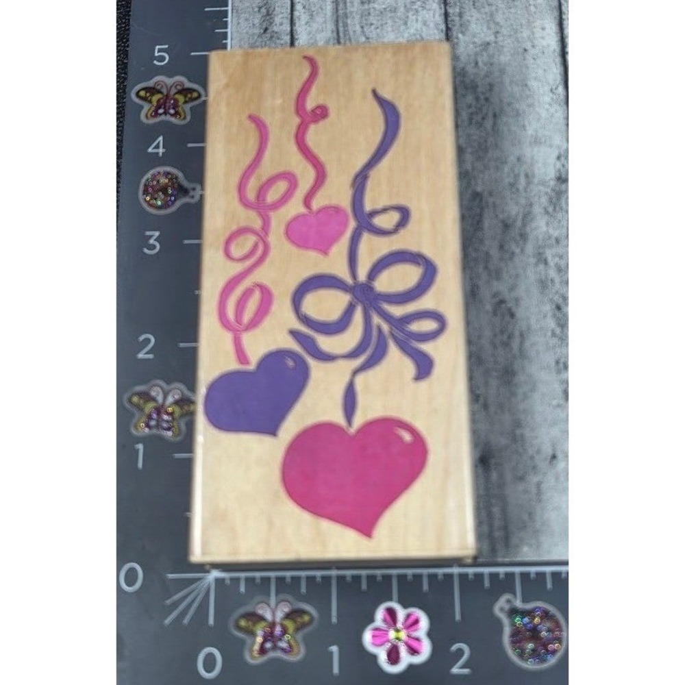 All Night Media Ribbon Hearts 550-J23 Rubber Stamp Wood #J49